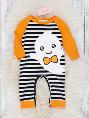 Black & White Stripe Friendly Ghost Raglan Romper