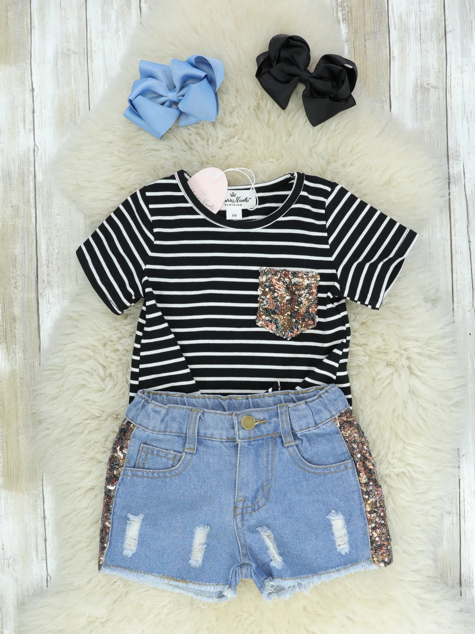 Black & White Striped Sequin Pocket Tee & Denim Shorts Outfit