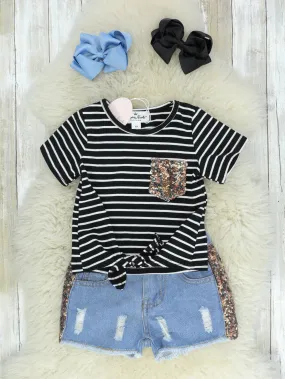 Black & White Striped Sequin Pocket Tee & Denim Shorts Outfit