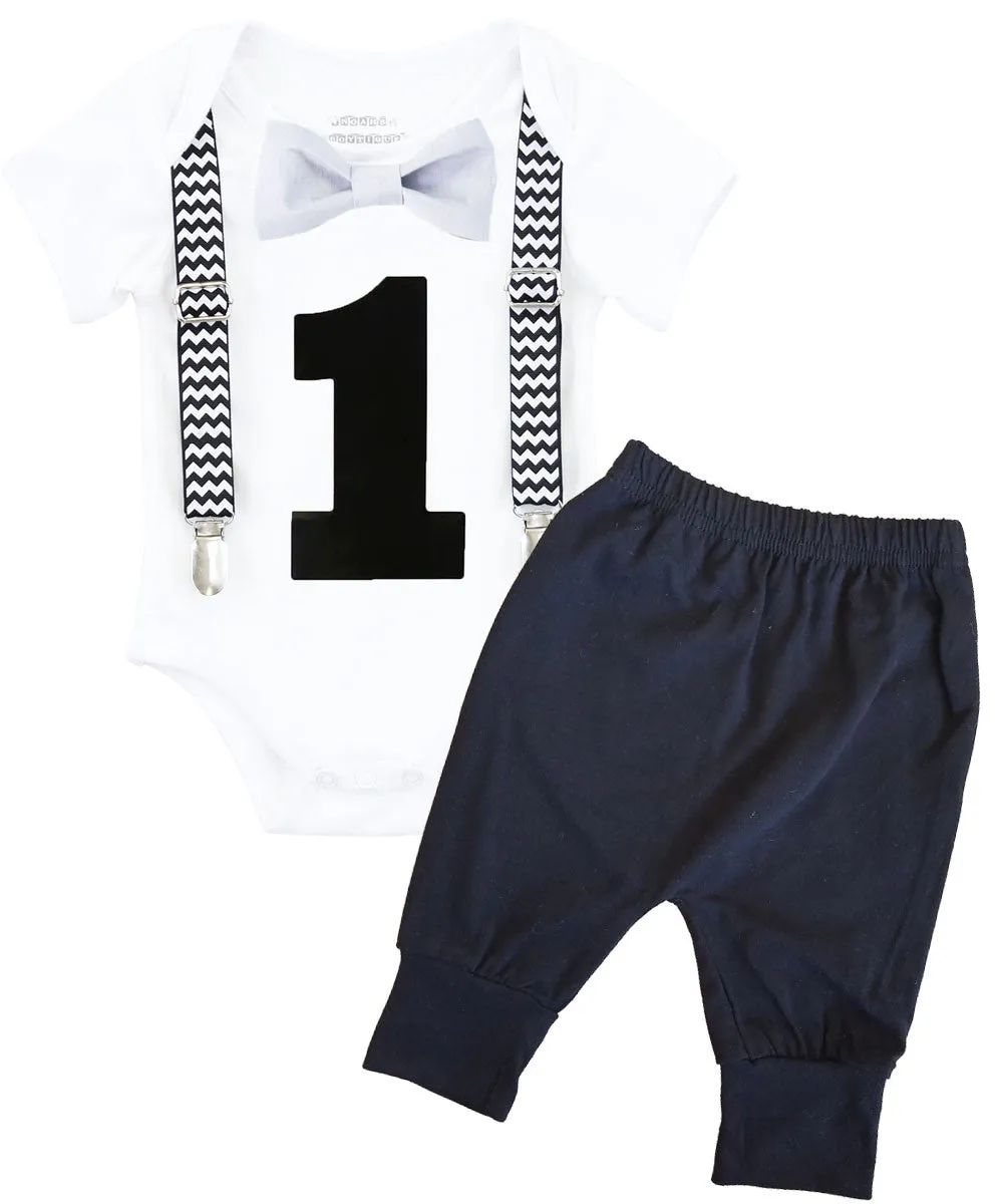 Black Chevron First Birthday Cake Smash Outfit with Black Pants