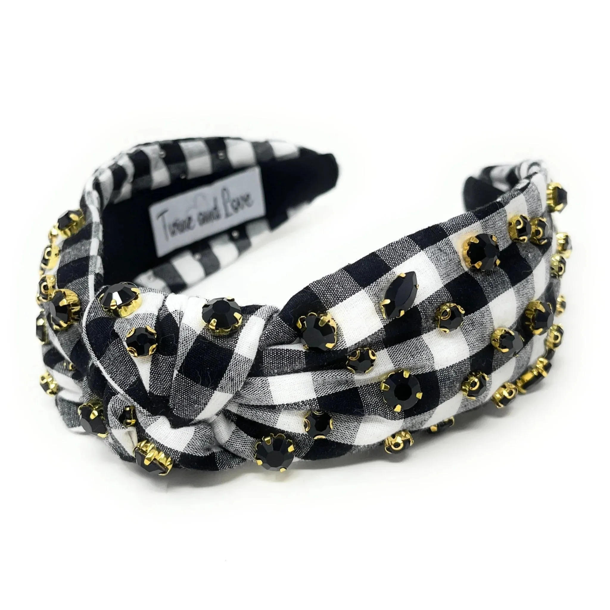 Black Gingham Jeweled Knot Headband