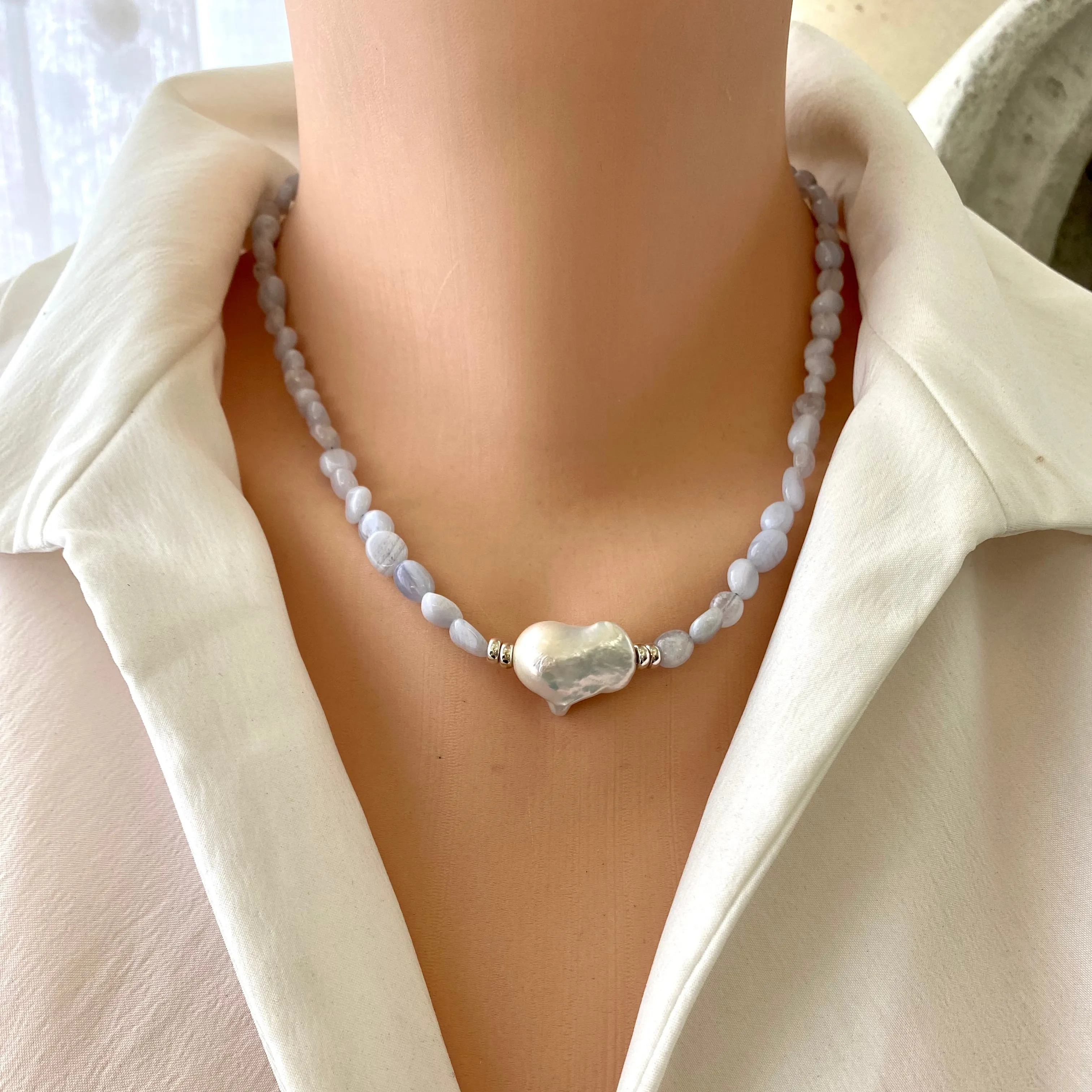 Blue Lace Agate & Baroque Pearl Necklace, Sterling Silver, 18inches