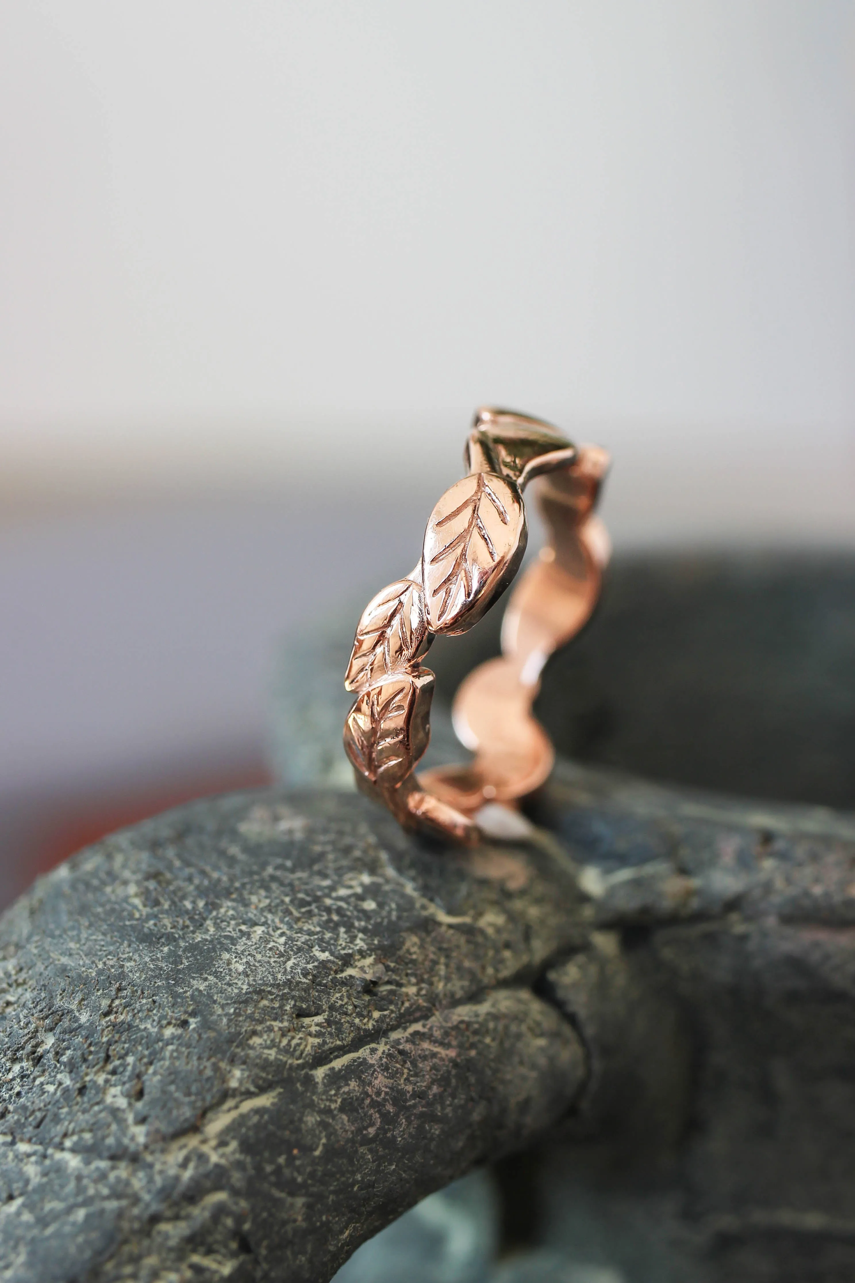 Bold leaves wedding band for man, nature ring for him