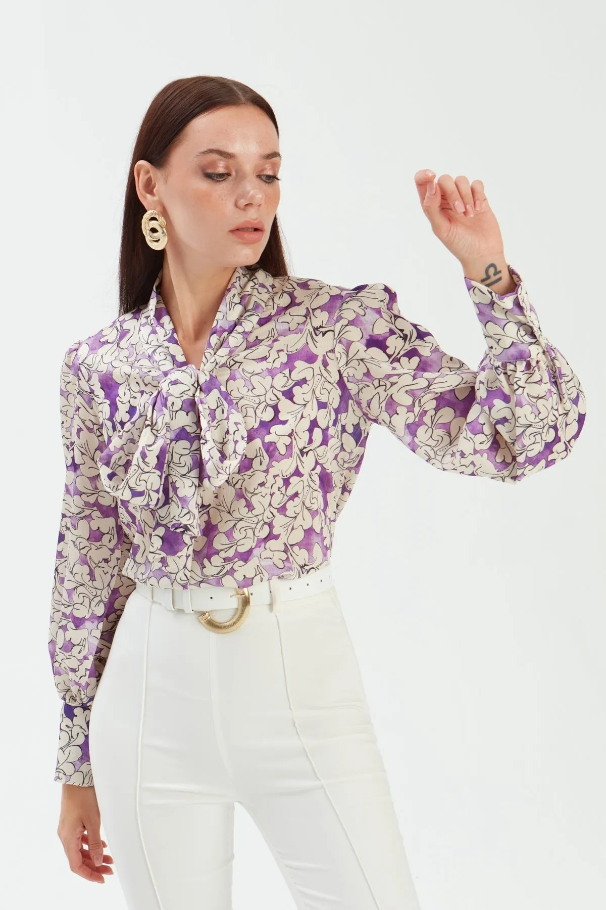 Bow Tie Collar Patterned Blouse - PURPLE