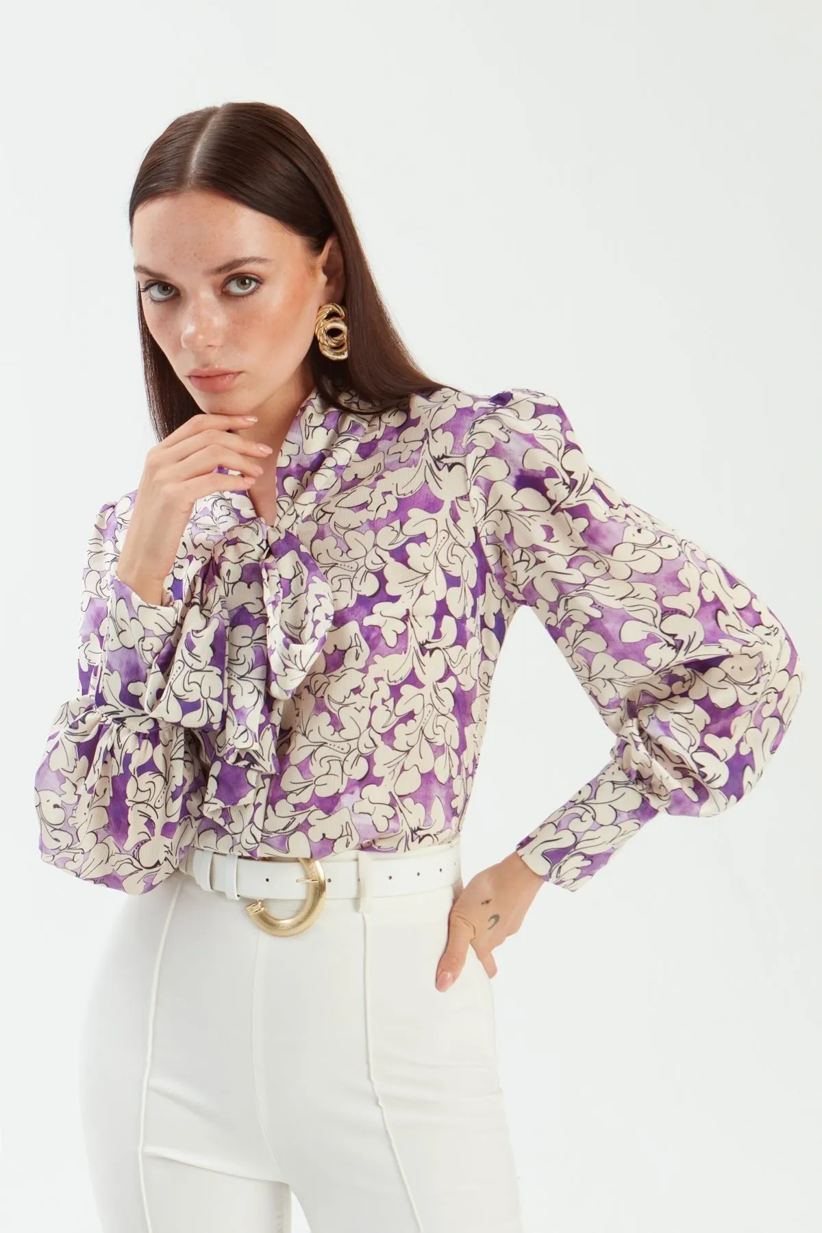 Bow Tie Collar Patterned Blouse - PURPLE