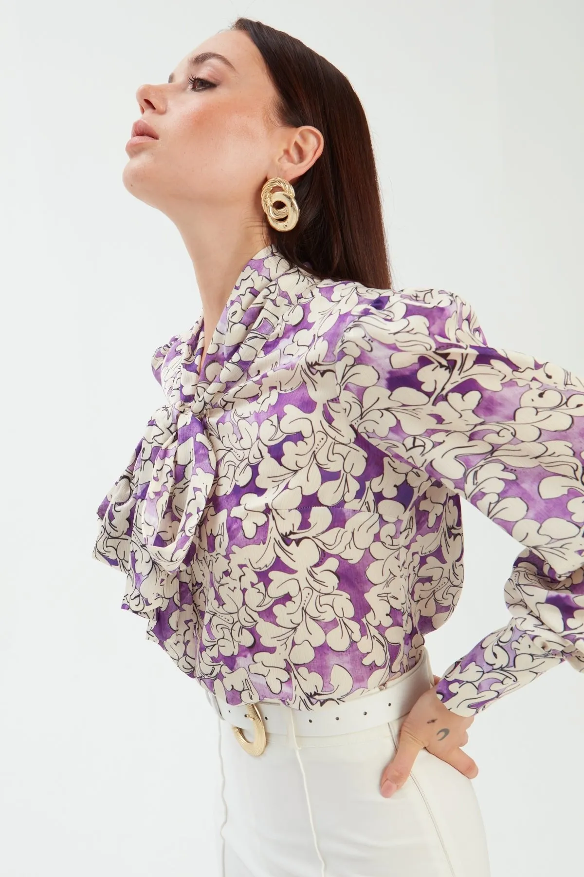 Bow Tie Collar Patterned Blouse - PURPLE