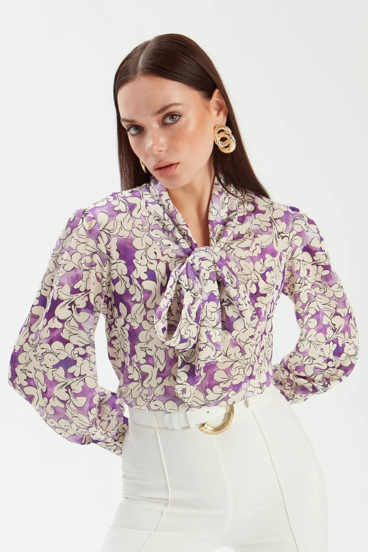 Bow Tie Collar Patterned Blouse - PURPLE