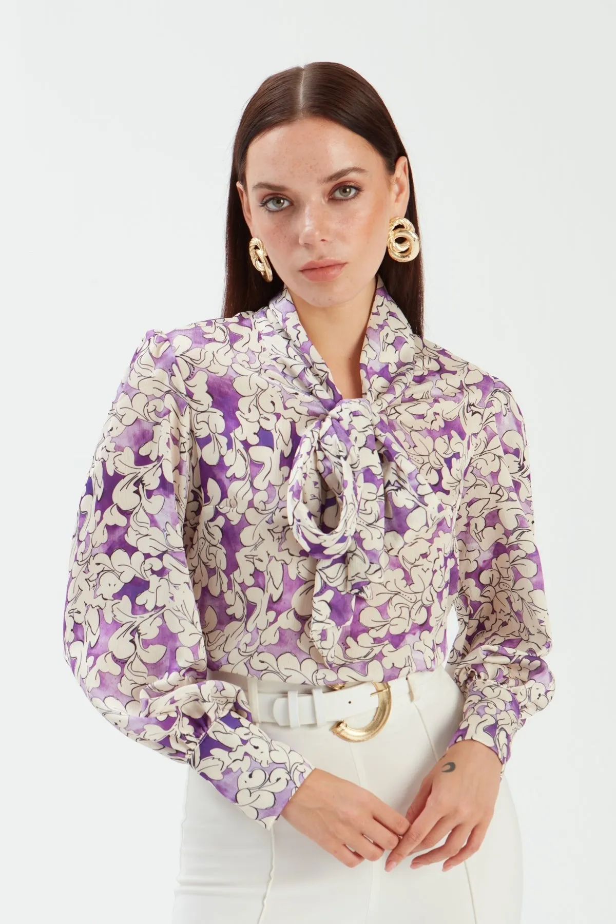 Bow Tie Collar Patterned Blouse - PURPLE