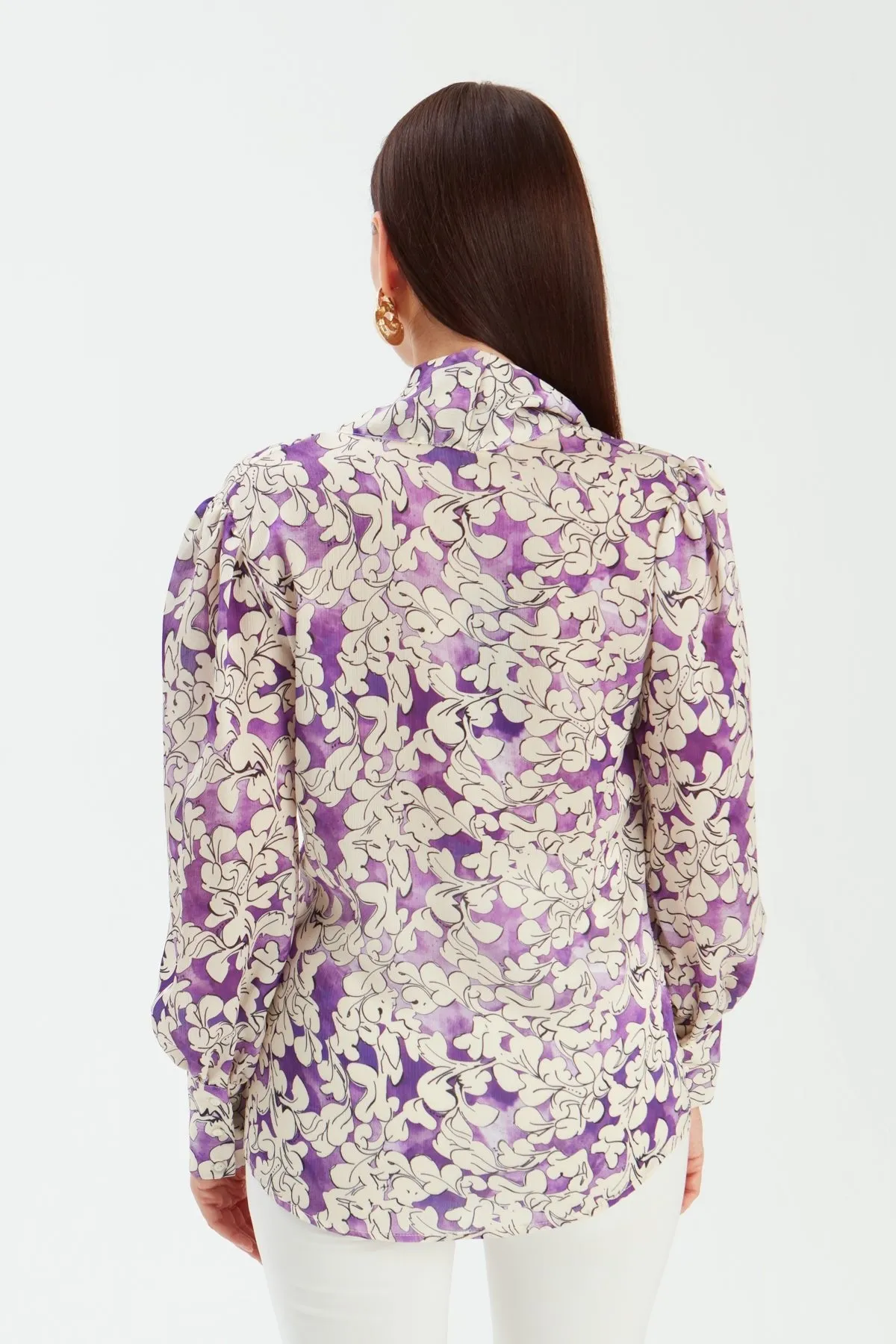 Bow Tie Collar Patterned Blouse - PURPLE