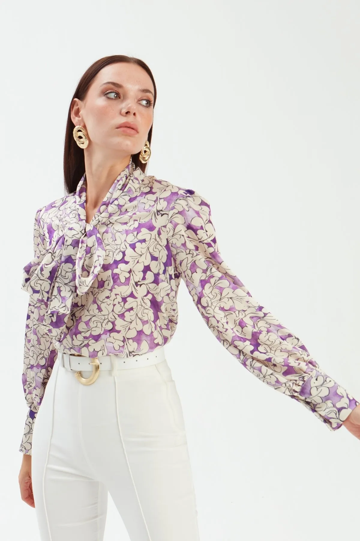 Bow Tie Collar Patterned Blouse - PURPLE