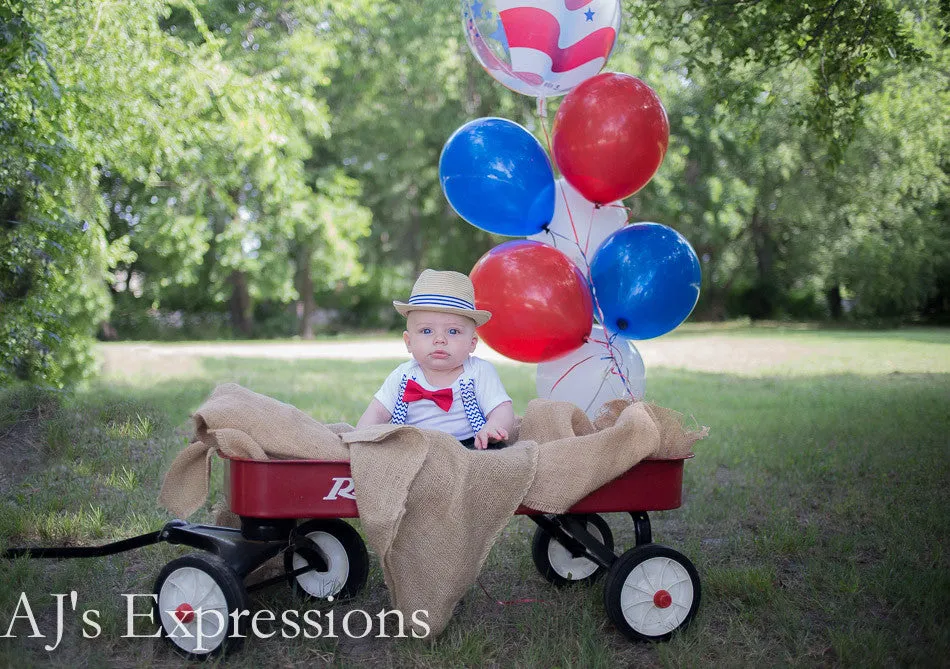 Boys 4th of July Shirt - Baby 4th of July Outfit - Chevron - Red White and Blue - Suspenders Bow Tie - Patriotic - Memorial Day - First 4th