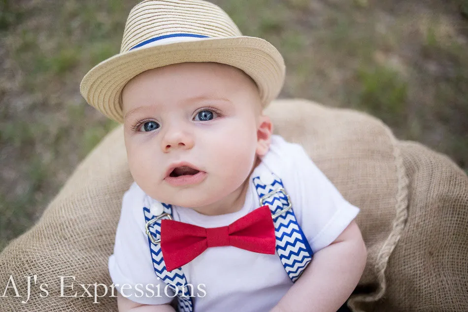 Boys 4th of July Shirt - Baby 4th of July Outfit - Chevron - Red White and Blue - Suspenders Bow Tie - Patriotic - Memorial Day - First 4th