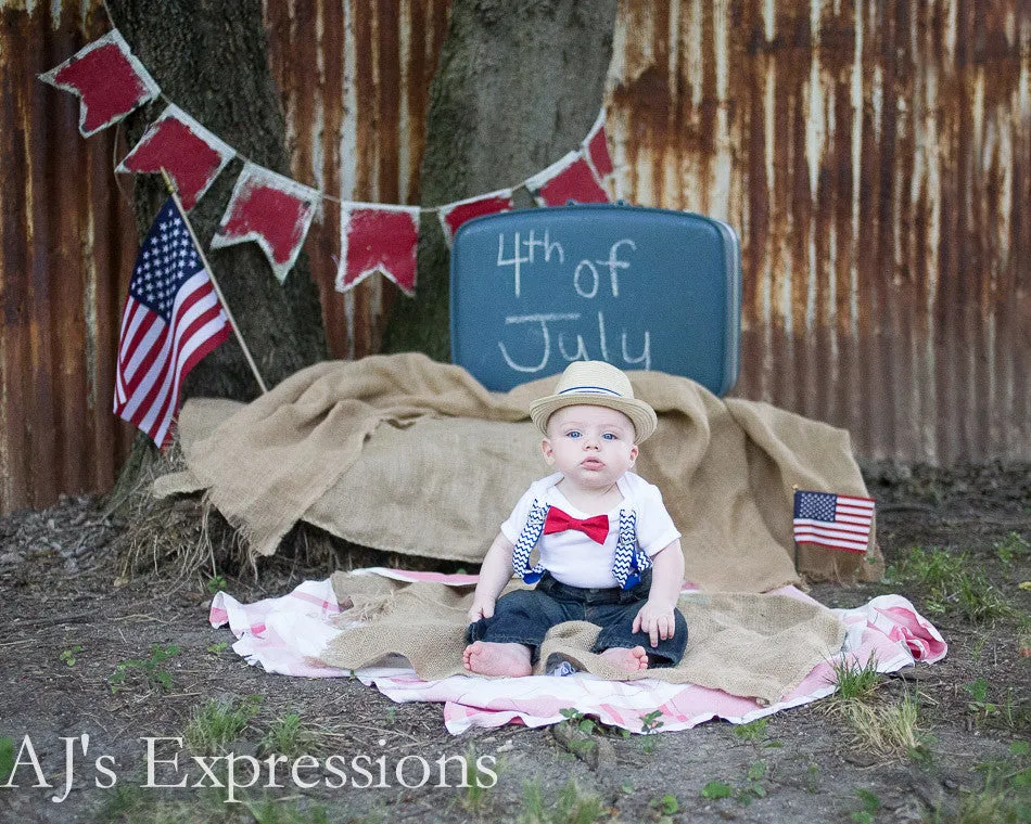 Boys 4th of July Shirt - Baby 4th of July Outfit - Chevron - Red White and Blue - Suspenders Bow Tie - Patriotic - Memorial Day - First 4th