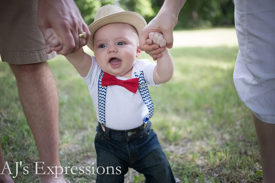 Boys 4th of July Shirt - Baby 4th of July Outfit - Chevron - Red White and Blue - Suspenders Bow Tie - Patriotic - Memorial Day - First 4th