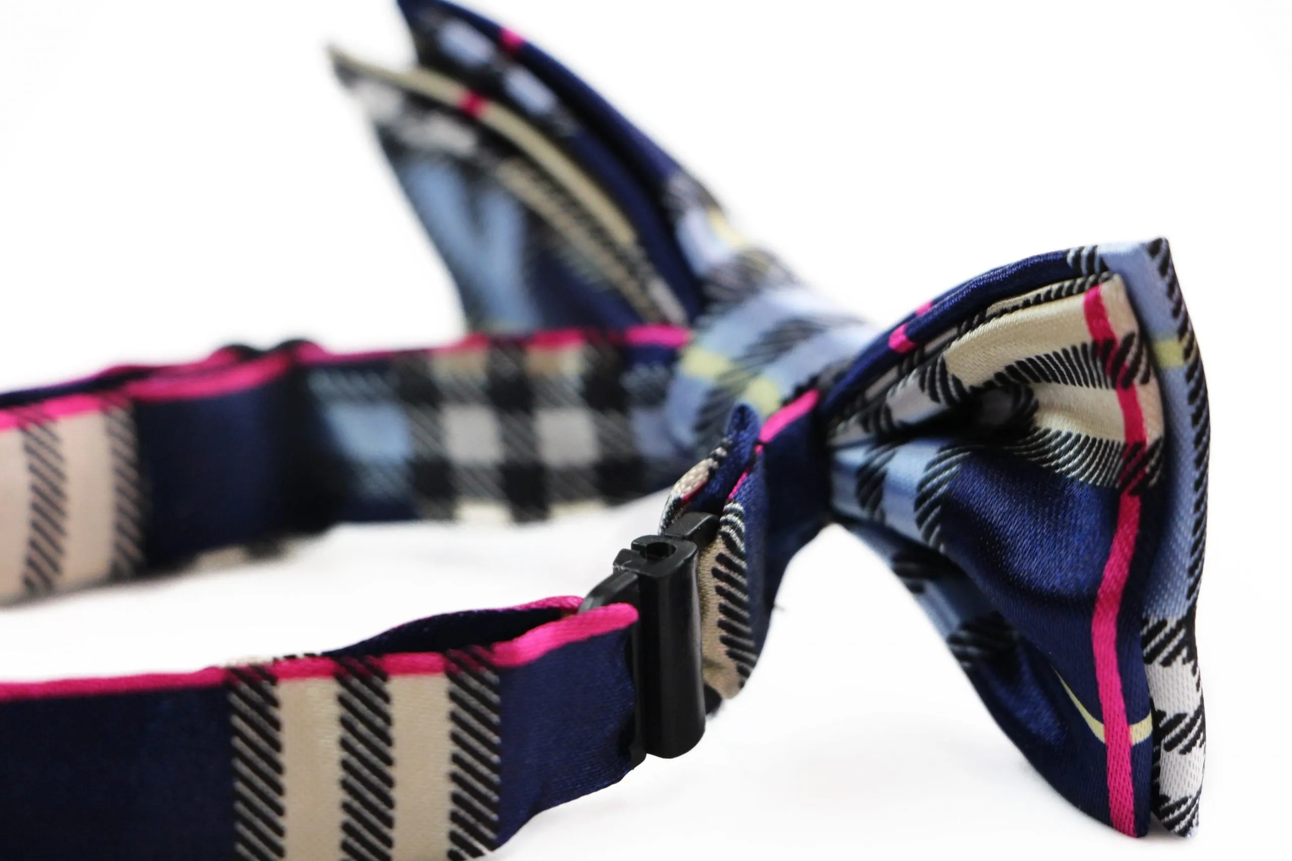 Boys Navy, Black, Gold & Pink Plaid Patterned Bow Tie