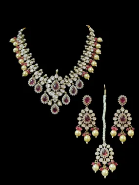 BR201 High quality Polki necklace set with tika - ruby ( READY TO SHIP )