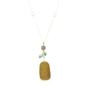 Carved Tiger's Eye Pendant with wine colored quartz, rose quartz, amazonite and green agates