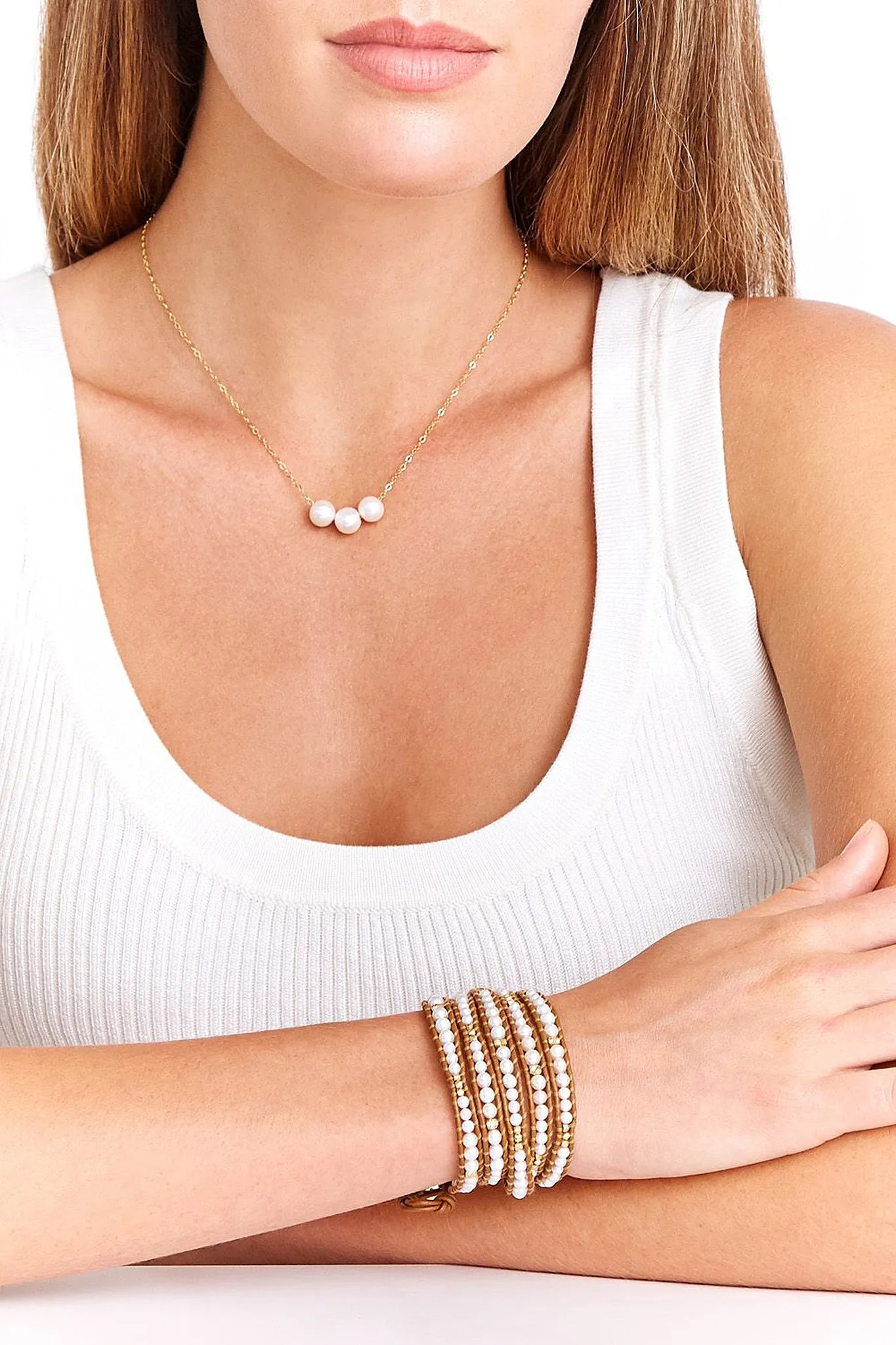 Chan Luu Pearl Trinity Pendant Necklace in White and Gold