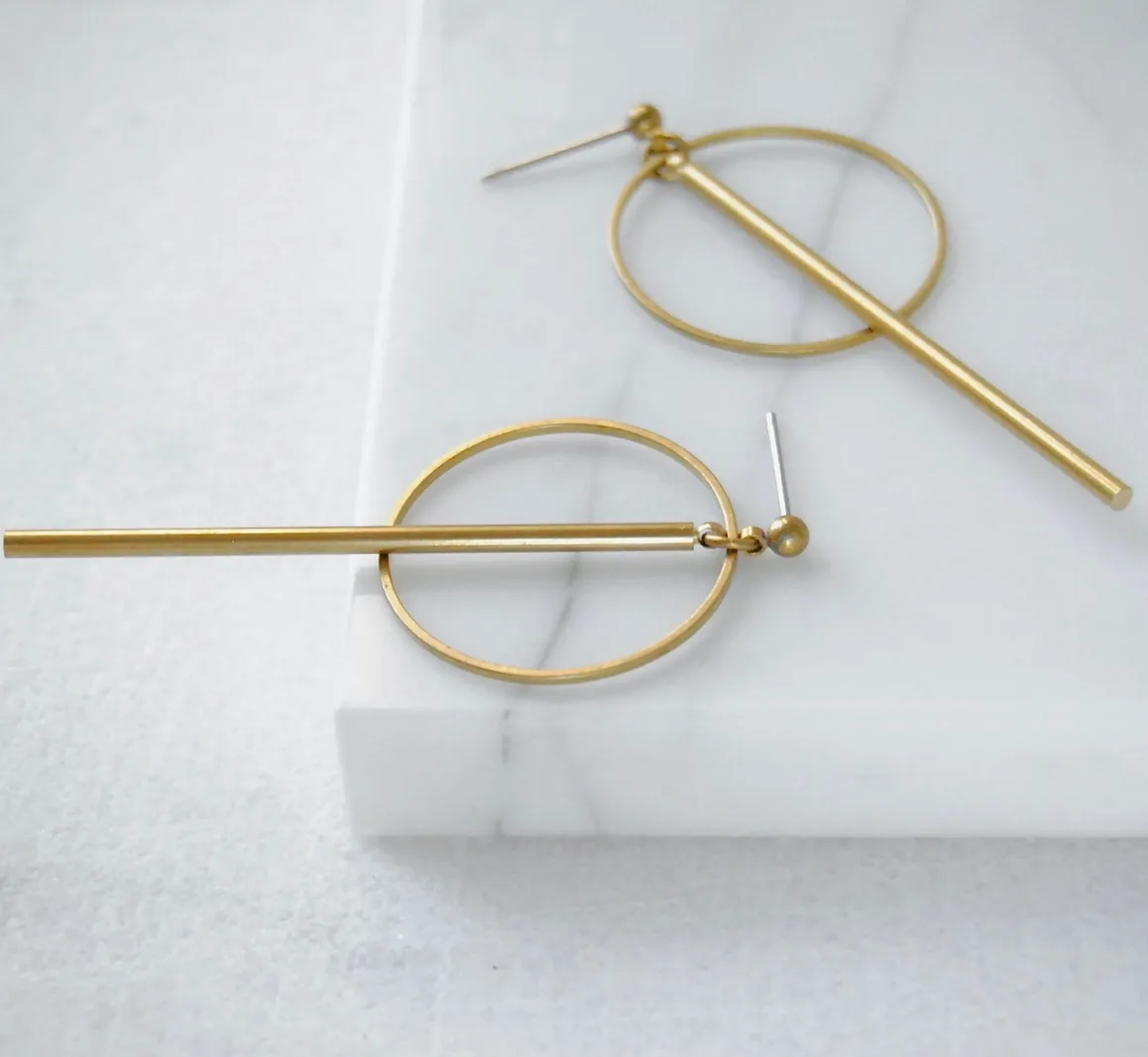 Circle and Bar Gold Earrings