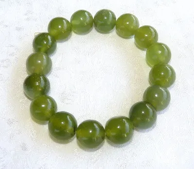 Classic Chinese Jade Bead Stretch Bracelet-Dark Green 12 mm Beads