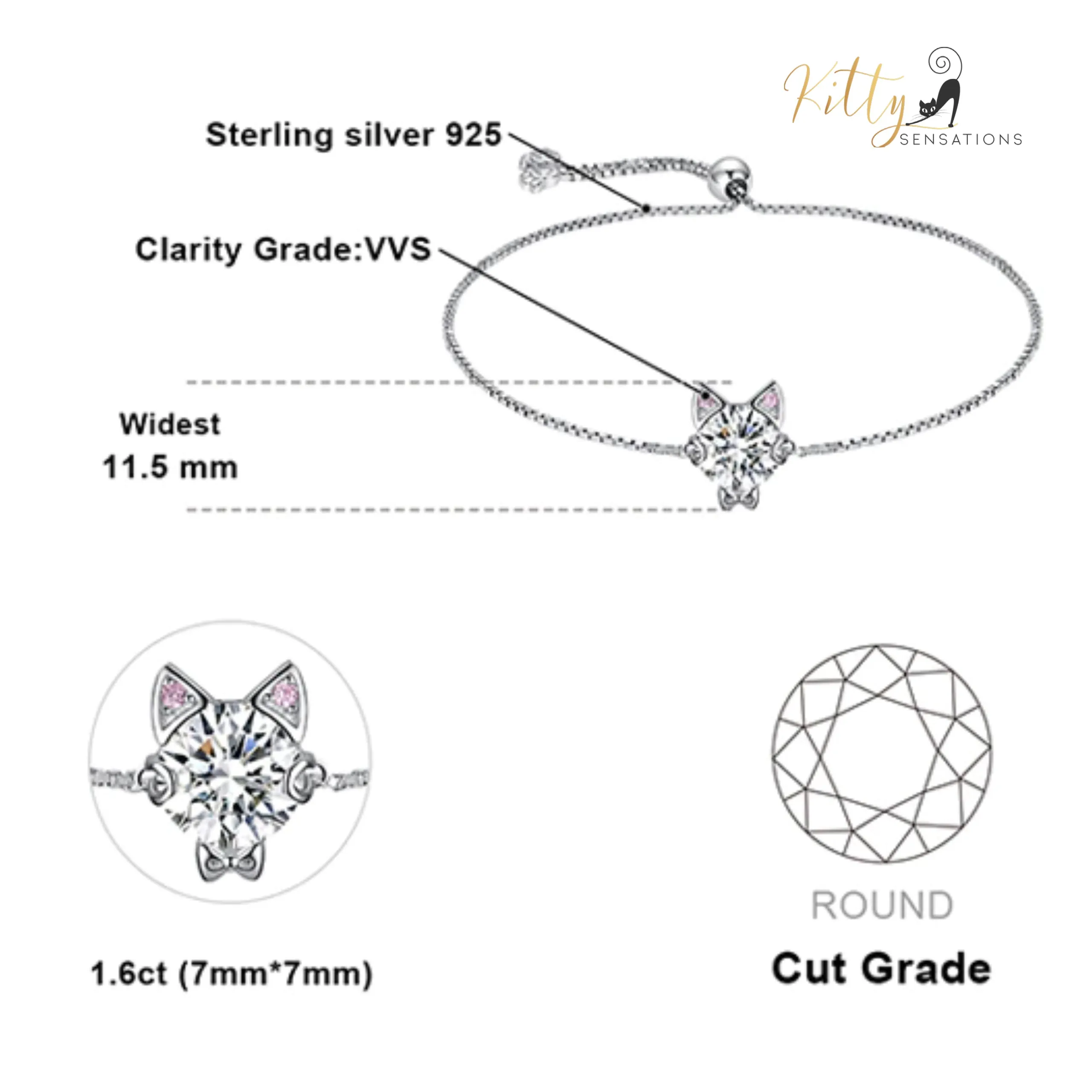 Classy Sparkling CZ Kitty Bracelet (Fine Jewelry) in Solid 925 Sterling Silver - Adjustable Size