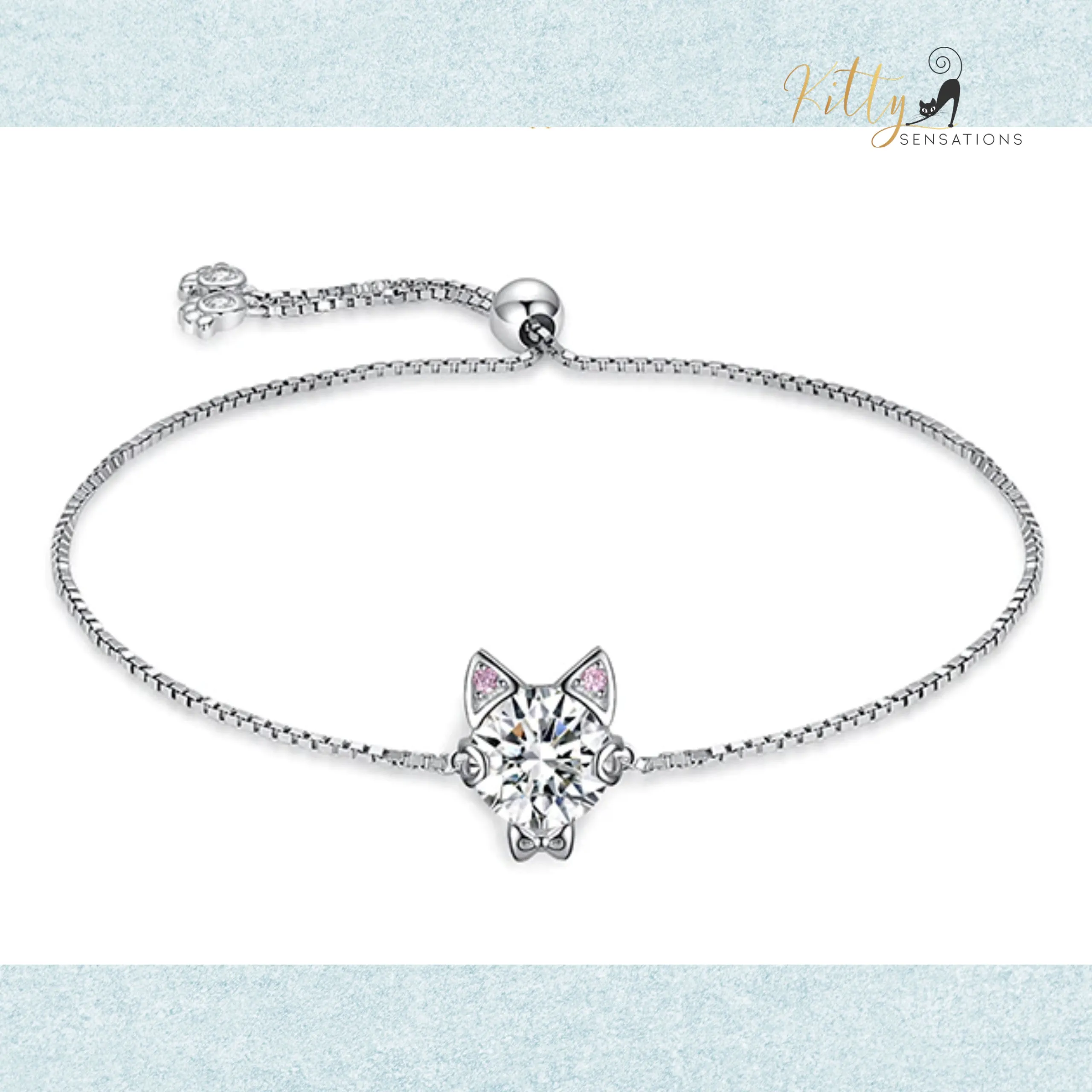 Classy Sparkling CZ Kitty Bracelet (Fine Jewelry) in Solid 925 Sterling Silver - Adjustable Size