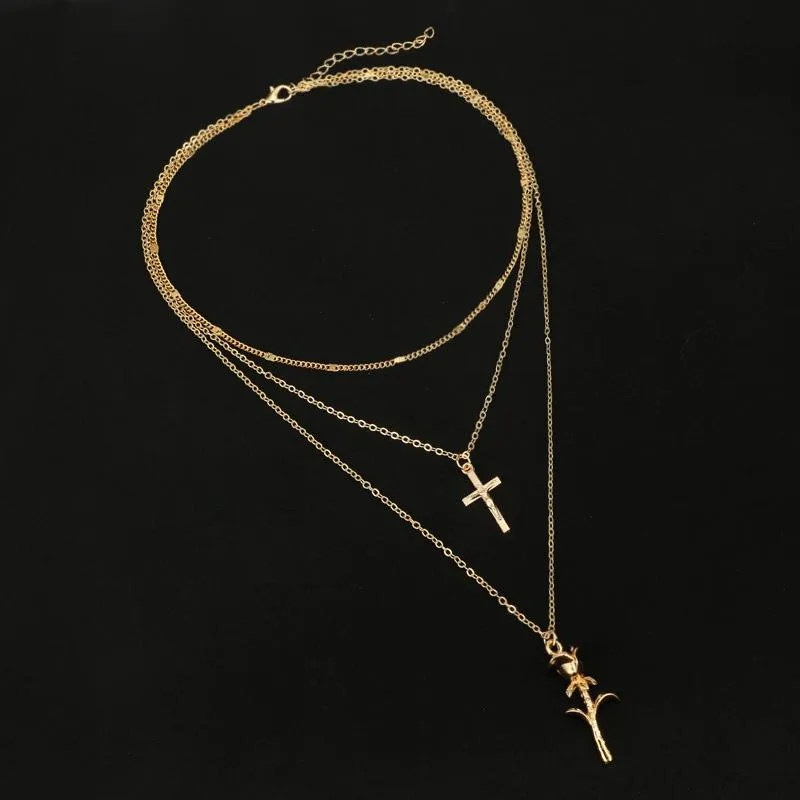 Cross and Rose Pendant Triple Chain Gold Necklace