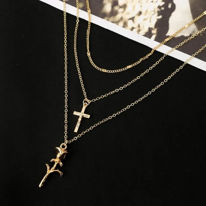 Cross and Rose Pendant Triple Chain Gold Necklace