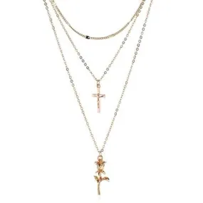 Cross and Rose Pendant Triple Chain Gold Necklace