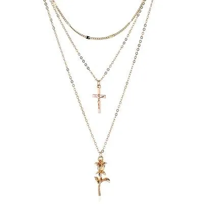 Cross and Rose Pendant Triple Chain Gold Necklace