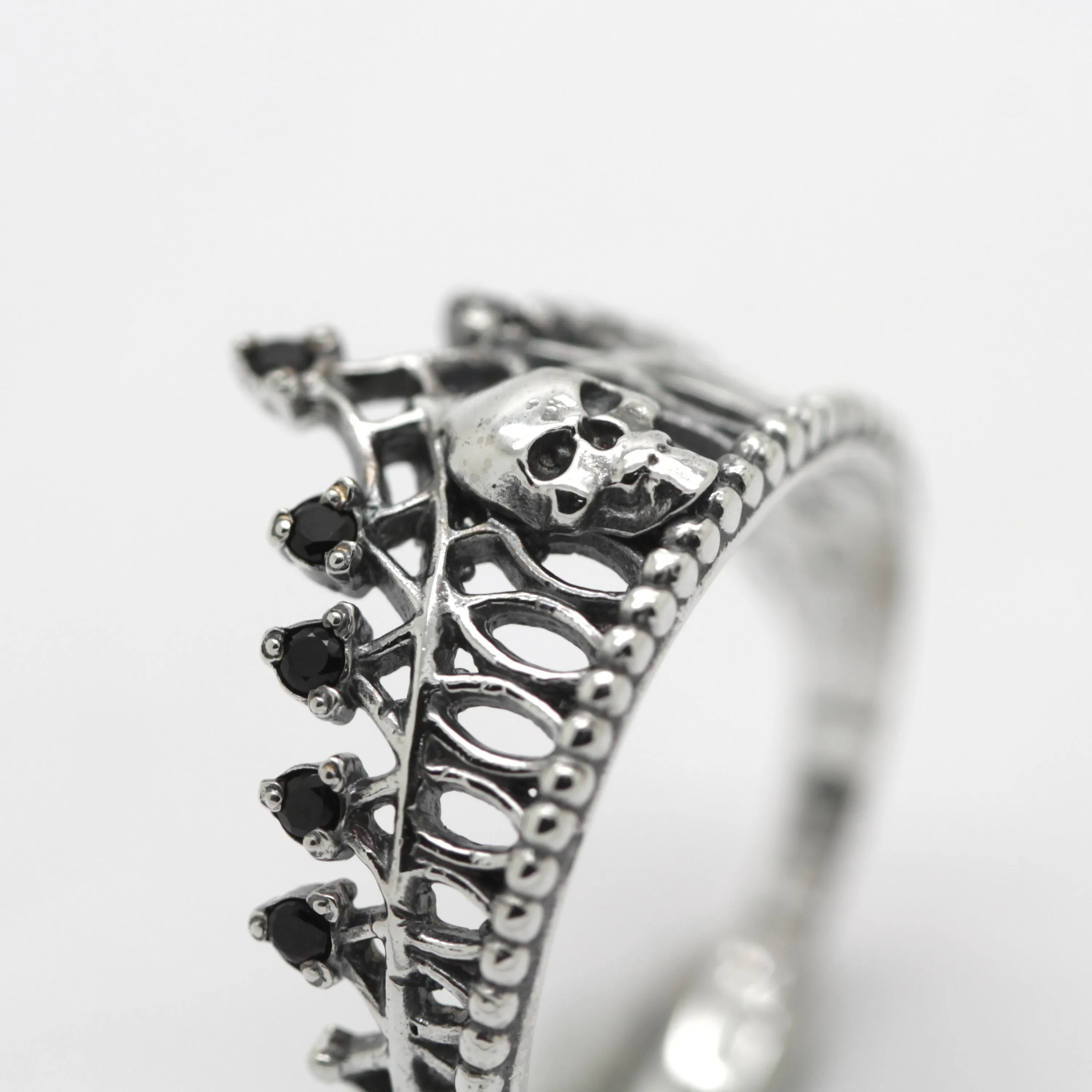 Crown Skull, Skeleton, Love to death, Black Gemstones, Sterling Silver Women Ring