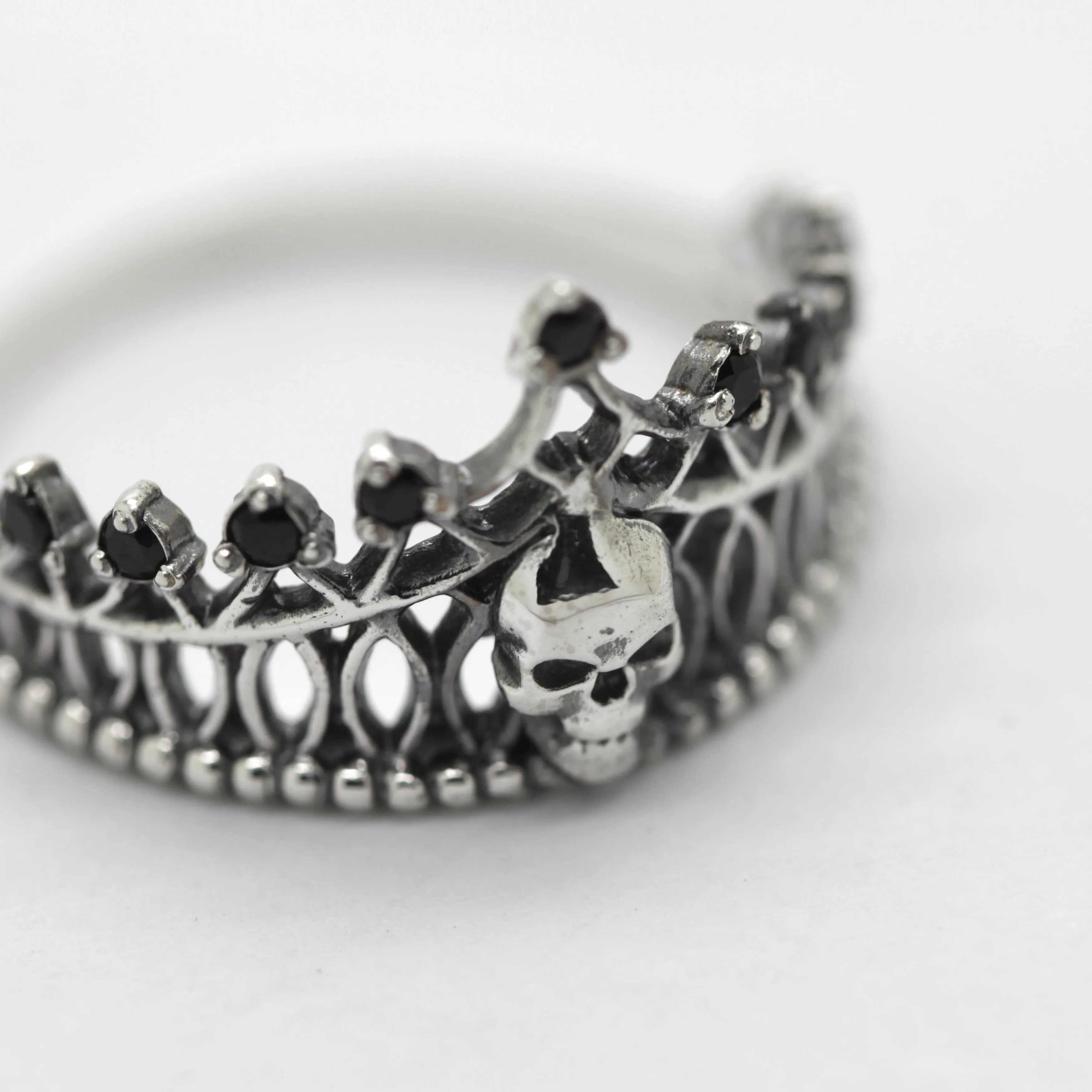 Crown Skull, Skeleton, Love to death, Black Gemstones, Sterling Silver Women Ring