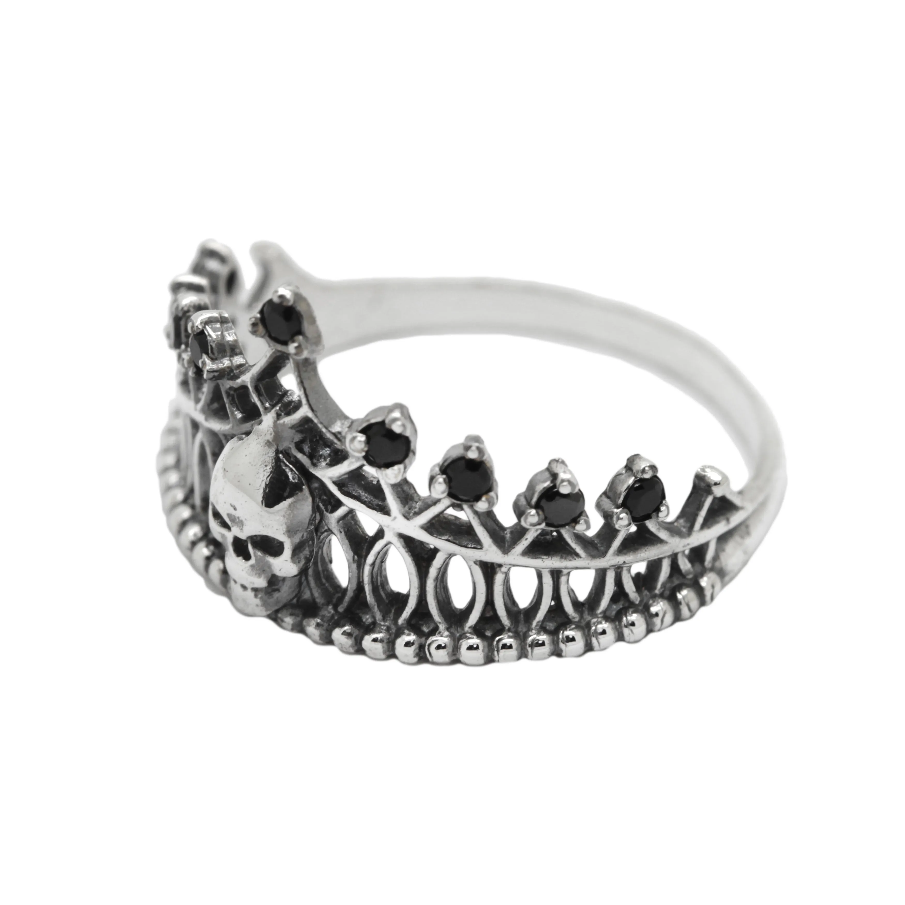 Crown Skull, Skeleton, Love to death, Black Gemstones, Sterling Silver Women Ring