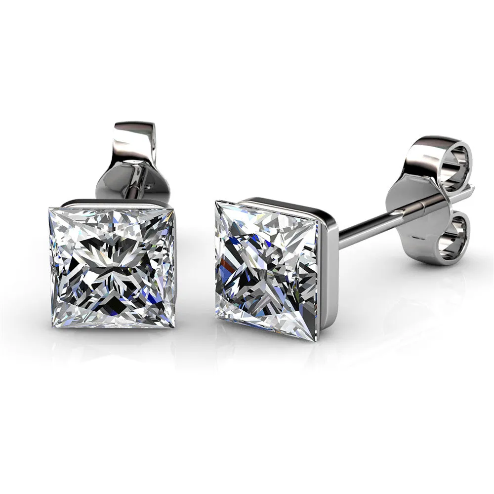 Crystal 18k White Gold Plated Stud Earrings with Princess Cut Crystals