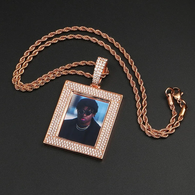 Custom 18K Gold Square Photo Pendant Necklace