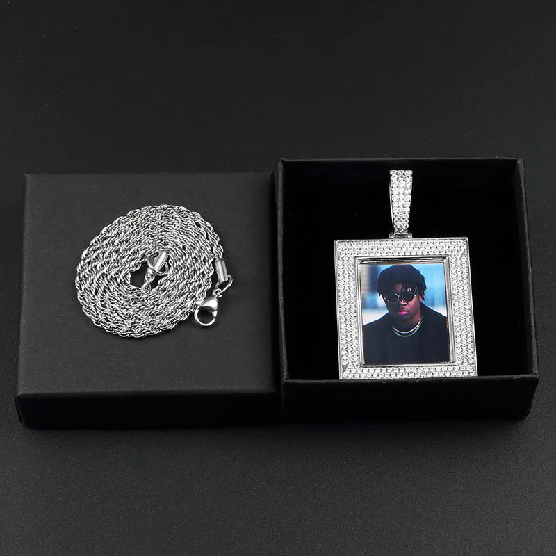 Custom 18K Gold Square Photo Pendant Necklace