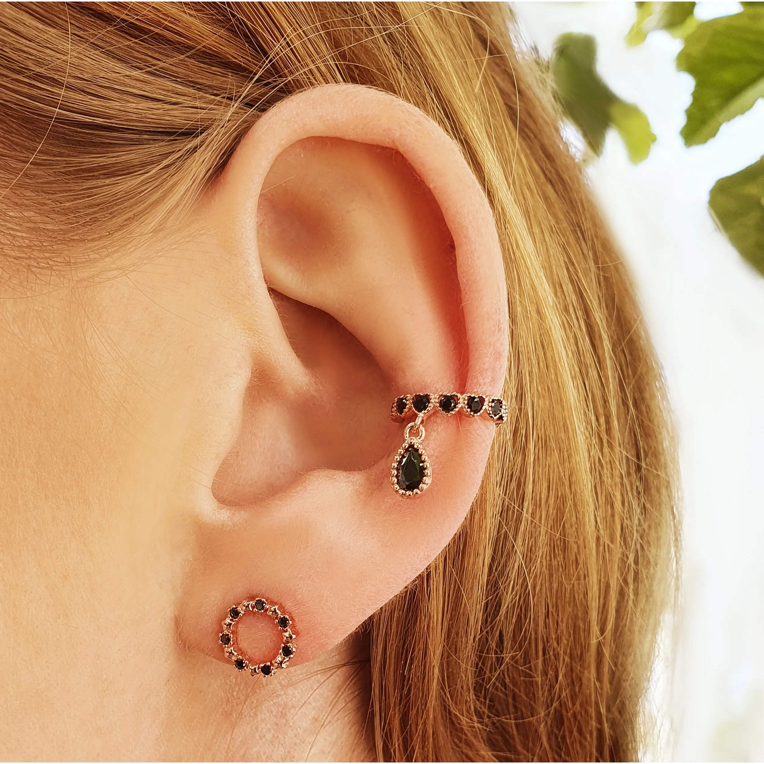 Cute and Original Ear Cuff / Conch Earring with Black Zirconias