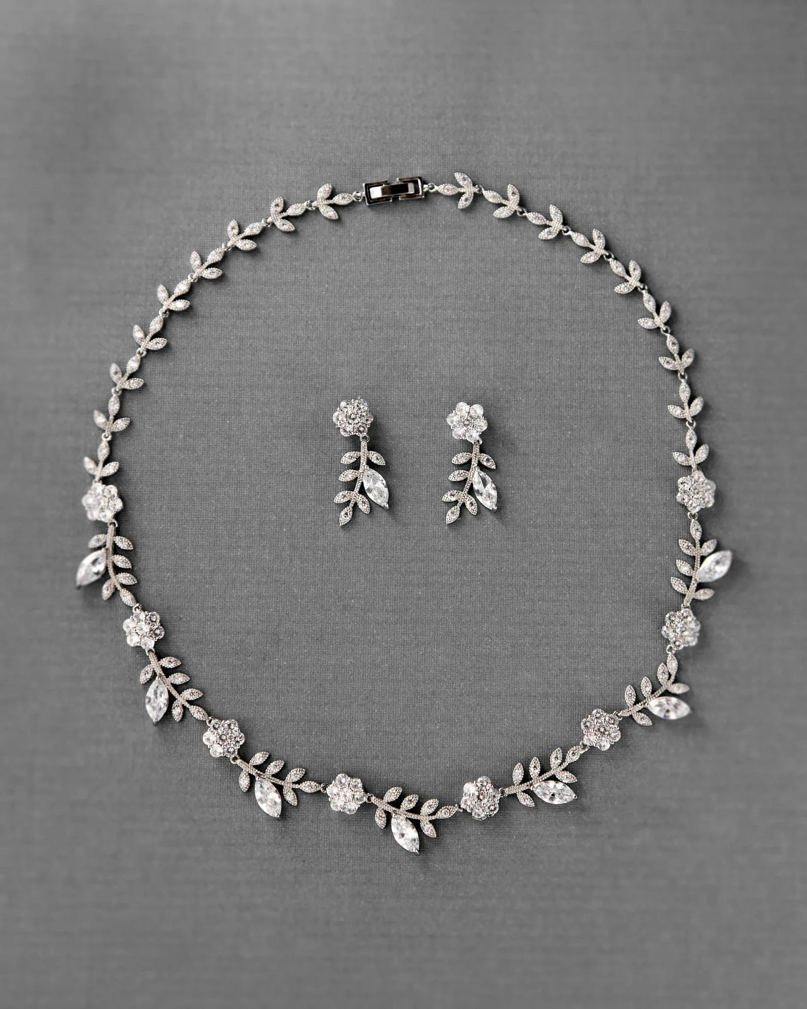 CZ Linked Flowers and Leaves Wedding Necklace