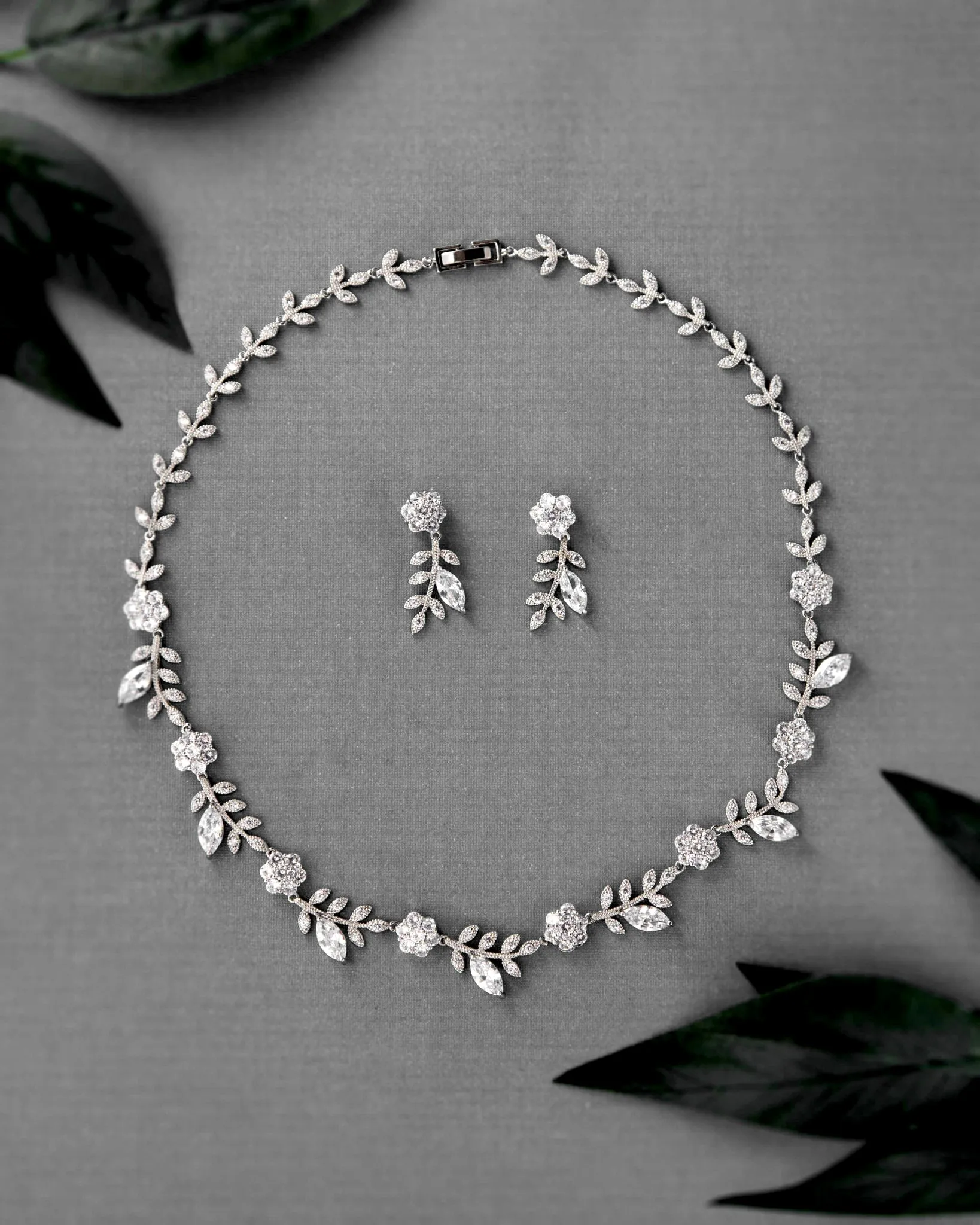 CZ Linked Flowers and Leaves Wedding Necklace