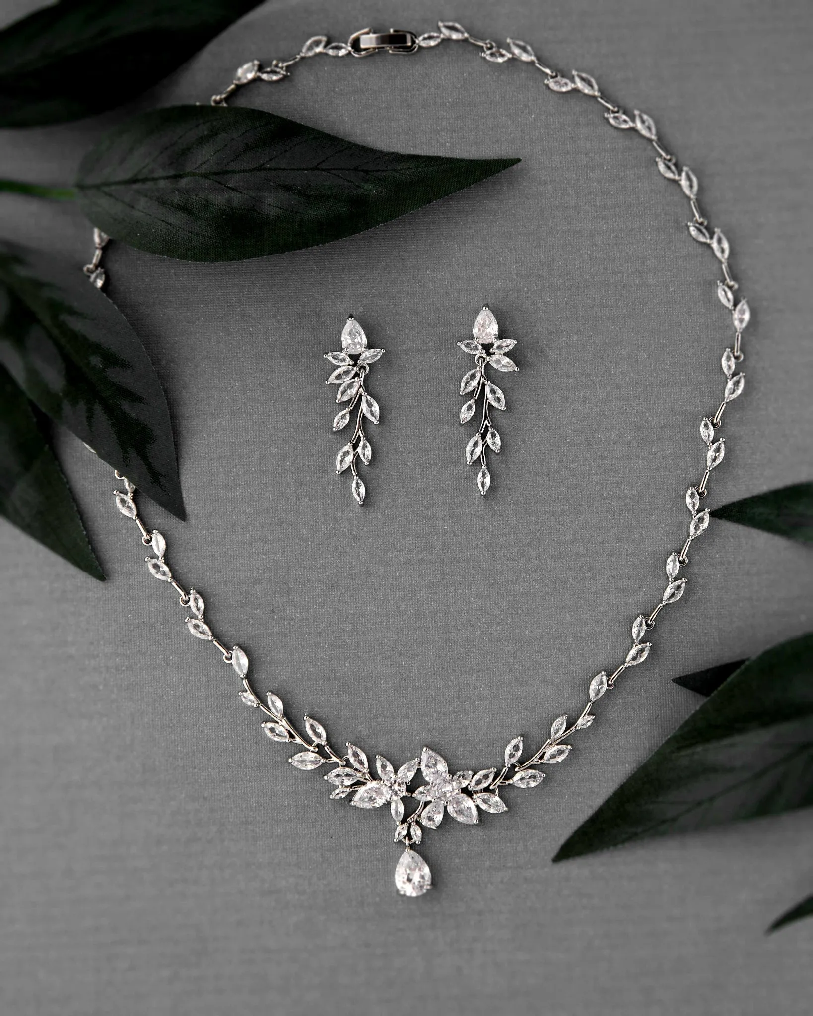 CZ Teardrop Flowers and Vines Bridal Necklace Set