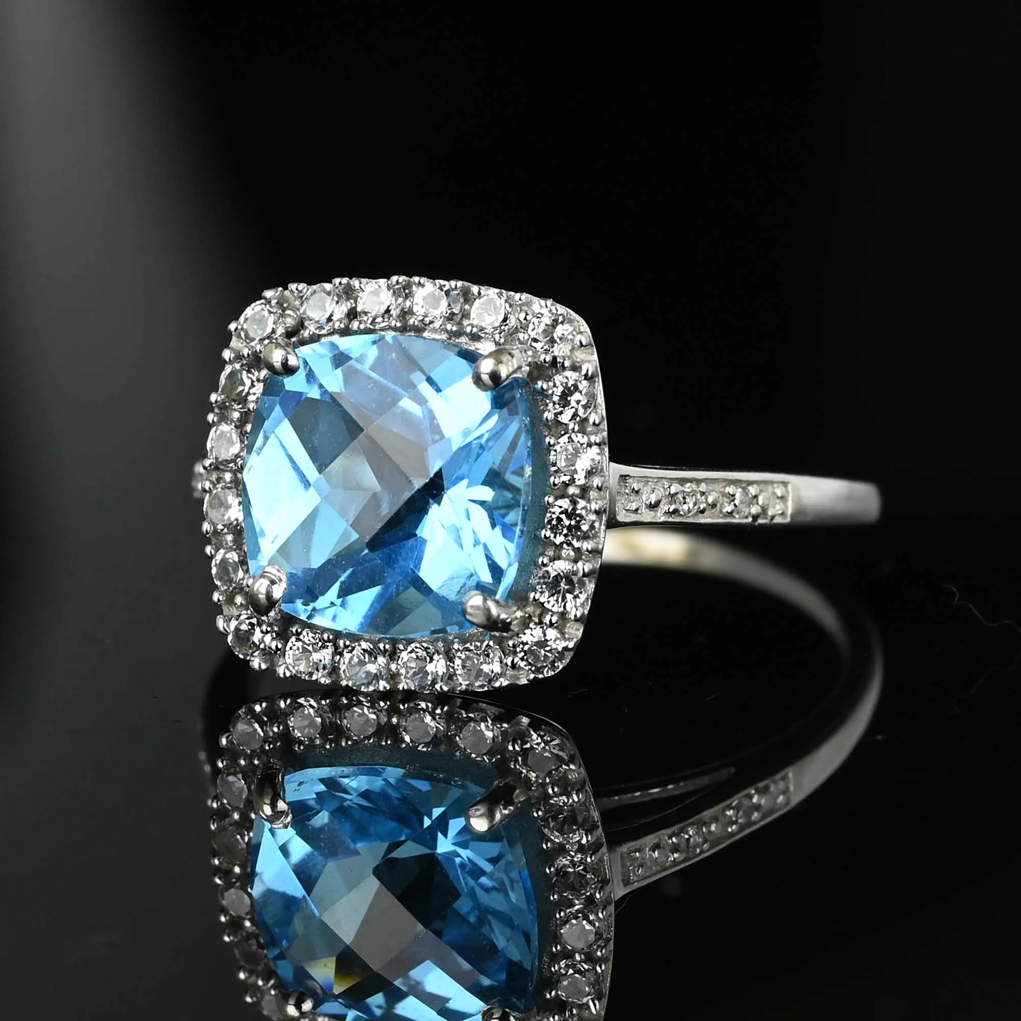 Diamond Halo Cluster Checkerboard Blue Topaz Ring