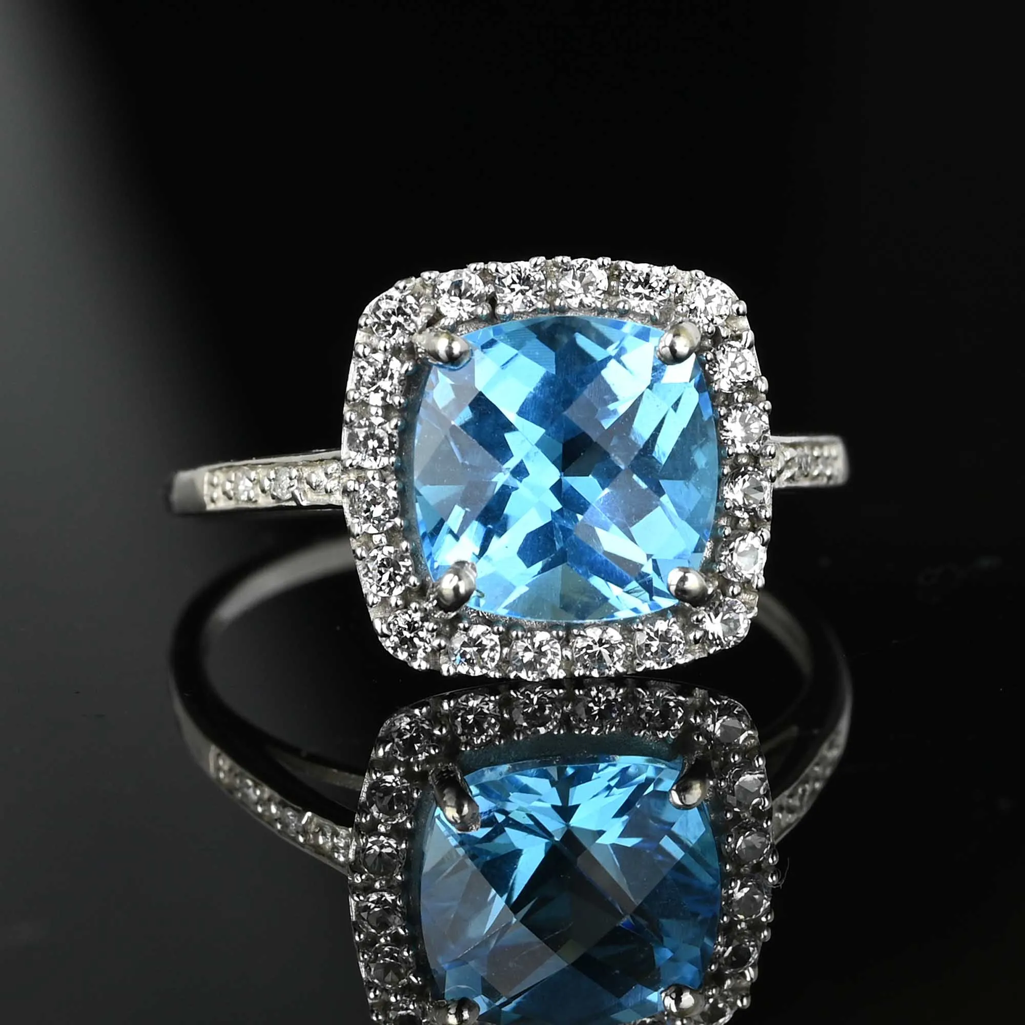 Diamond Halo Cluster Checkerboard Blue Topaz Ring