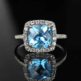 Diamond Halo Cluster Checkerboard Blue Topaz Ring