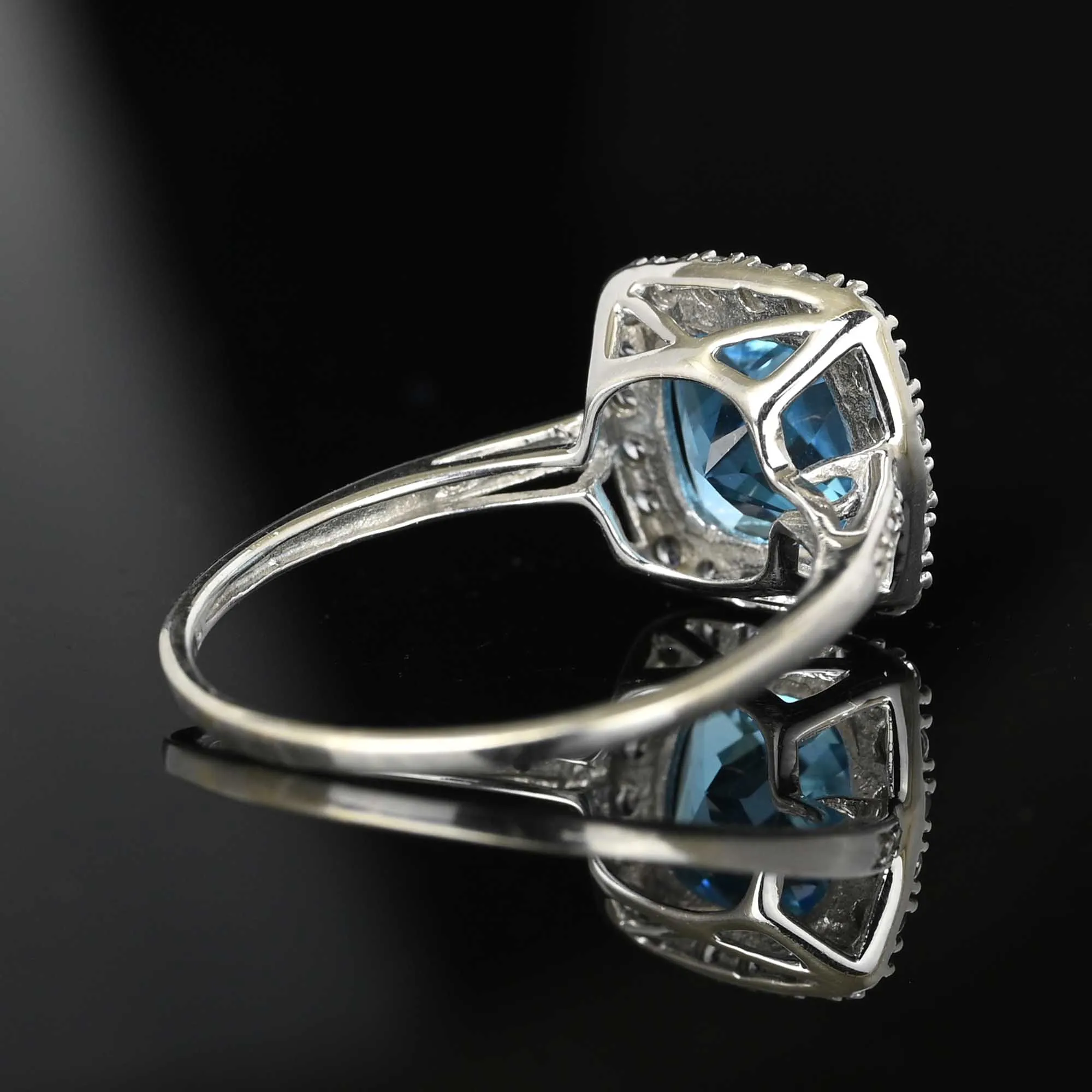 Diamond Halo Cluster Checkerboard Blue Topaz Ring