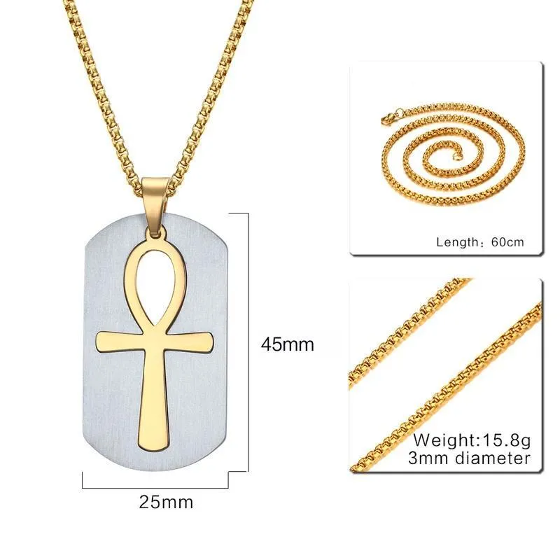 Dog Tag and Ankh Cross Pendant Cut-Out Chain Necklace