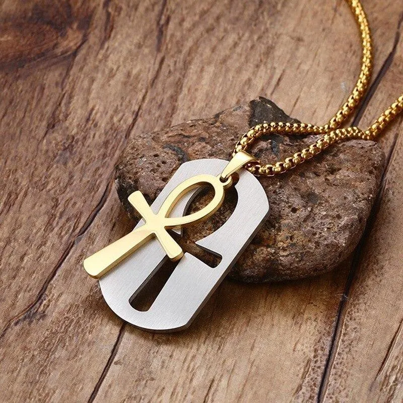 Dog Tag and Ankh Cross Pendant Cut-Out Chain Necklace