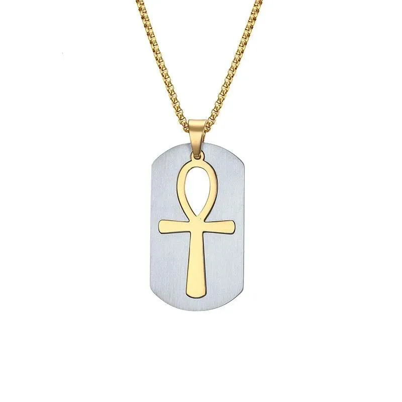 Dog Tag and Ankh Cross Pendant Cut-Out Chain Necklace