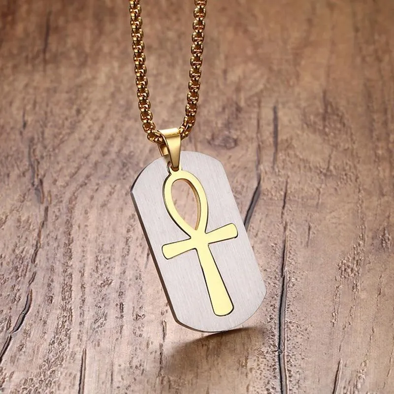 Dog Tag and Ankh Cross Pendant Cut-Out Chain Necklace