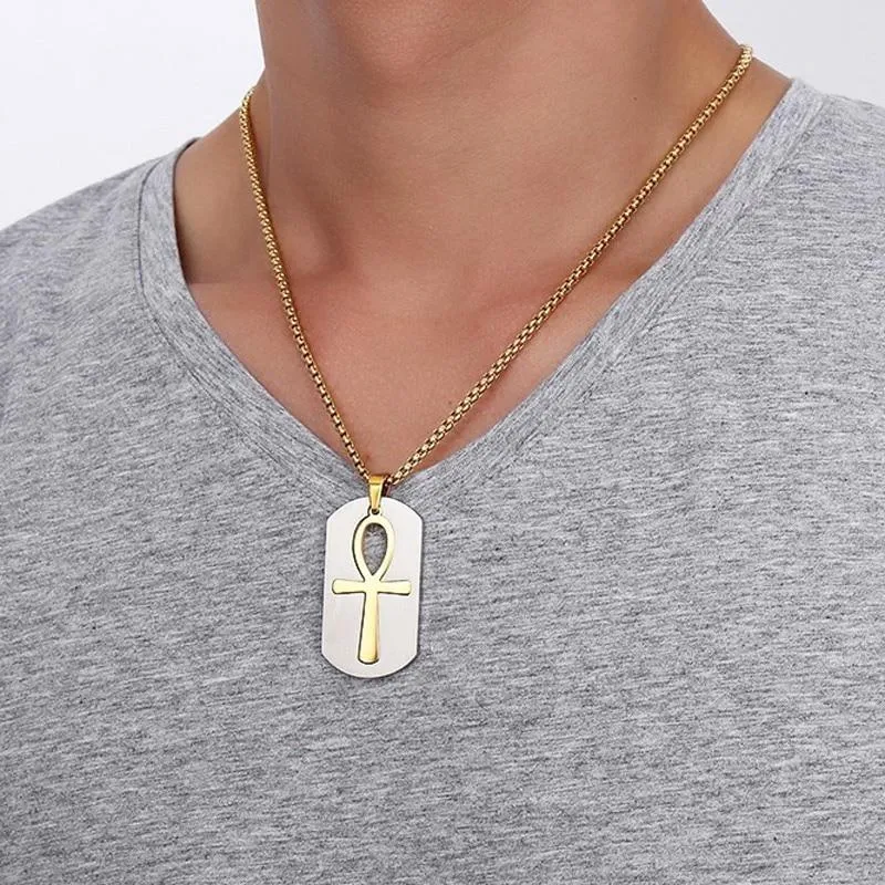 Dog Tag and Ankh Cross Pendant Cut-Out Chain Necklace