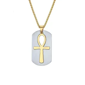 Dog Tag and Ankh Cross Pendant Cut-Out Chain Necklace